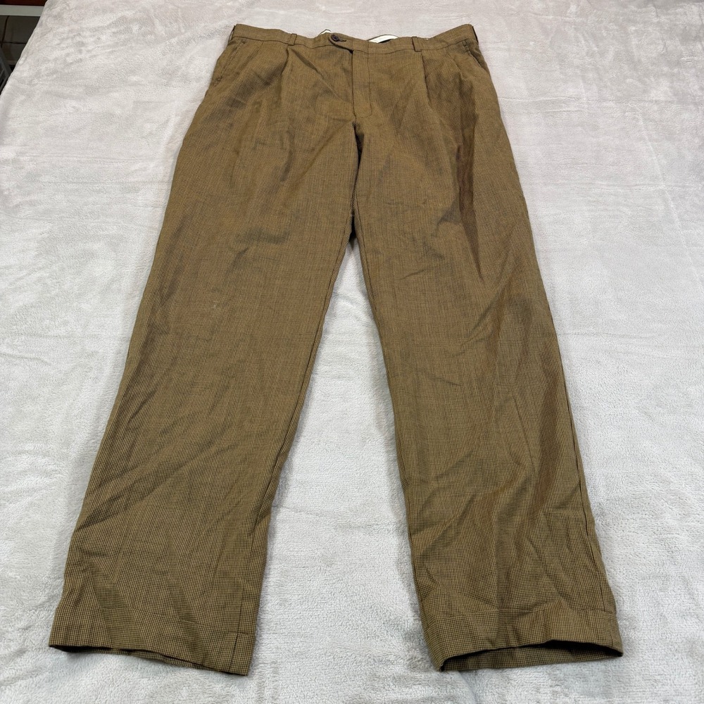 Vintage Hickey Freeman Mens 38x34 Brown Micro Check Pleated Wool Dress Pants EUC